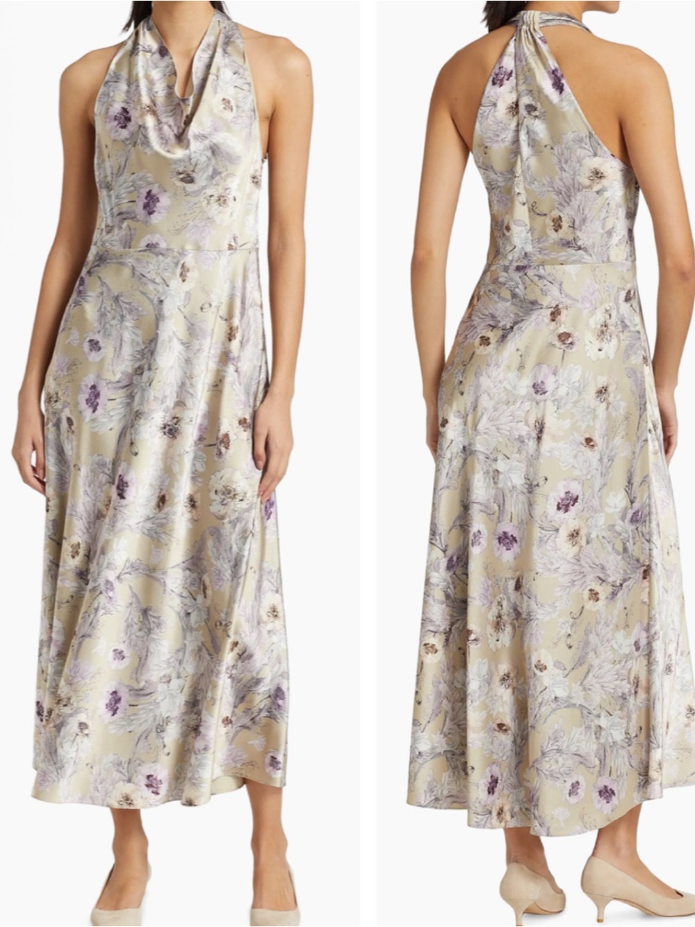 Vince Silk Floral Halter Maxi Dress Size 6 Beige Purple Draped Neck NWT $495